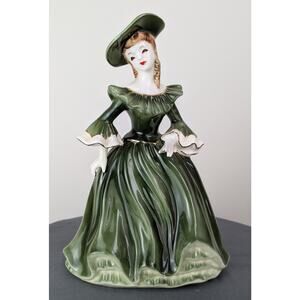 50s Napco Lady Ann Planter Figurine Green Dress Wide Brim Hat Vintage MCM A1875A